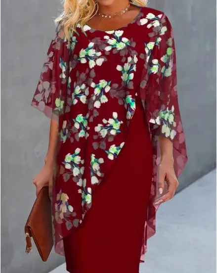 Printed Chiffon Fashion Dark Blue Wine Red Army Green Dress