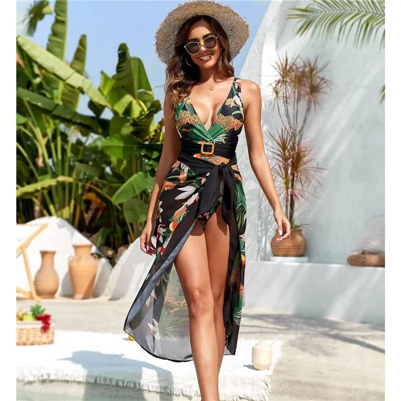 Printed Swimwear Set With Sheer Skirt - 2-Piece
