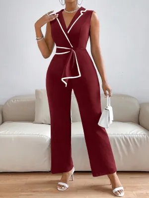 Privé Lapel Collar Contrast Binding Jumpsuit