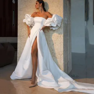 Puff Sleeve Split Side Bride Dress