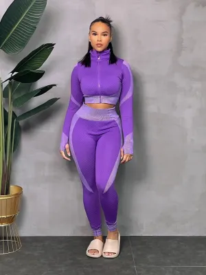 PURPLE POP SEAMLESS TEXTURE CROP ZIP JACKET SET