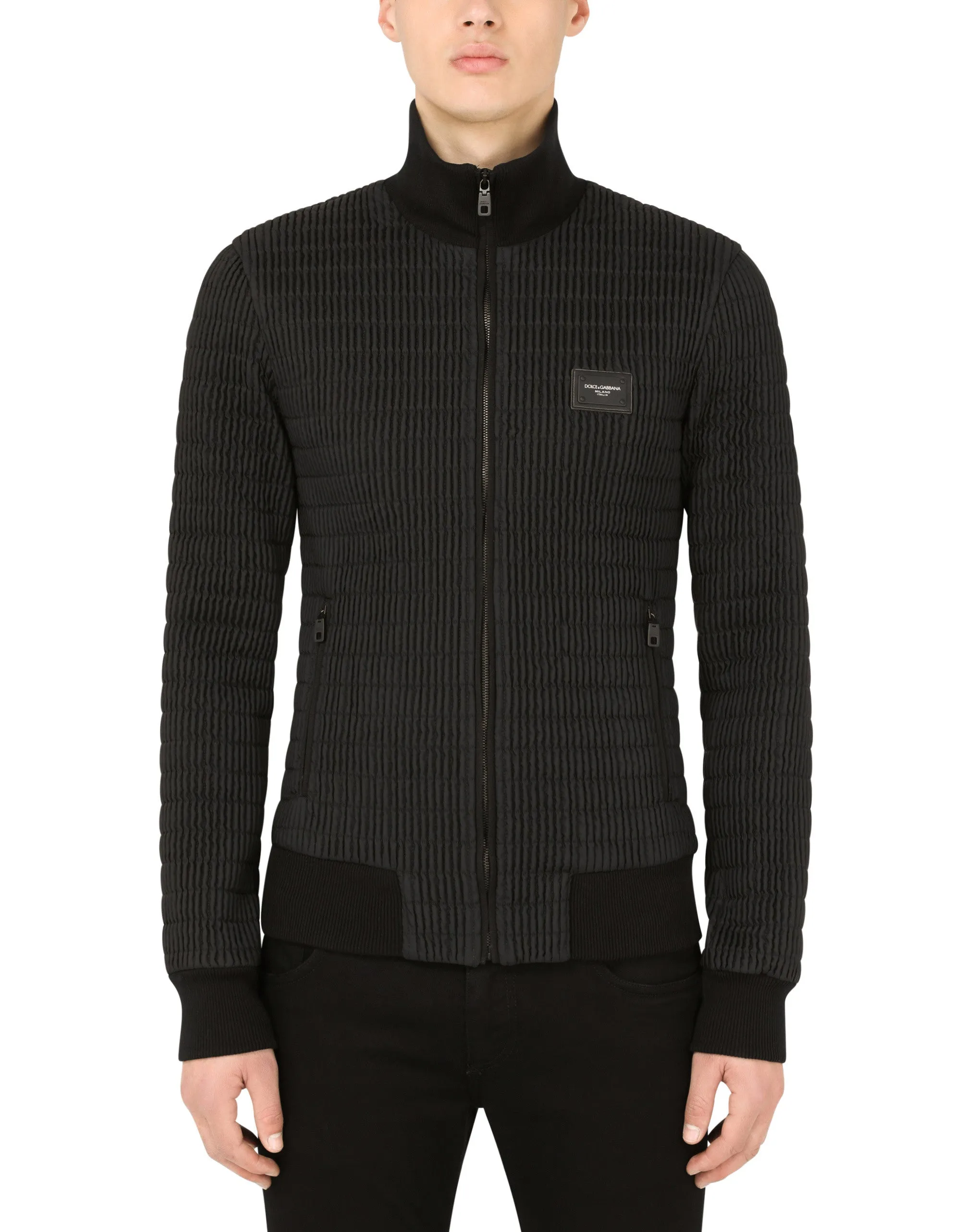 Quilted nylon jacket with branded plate