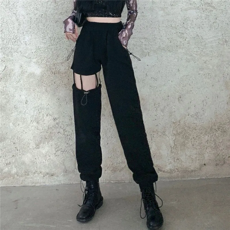 "Black Irregular Hollow Casual" Pants Y040802