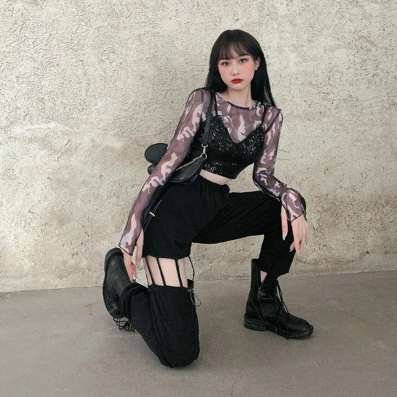 "Black Irregular Hollow Casual" Pants Y040802