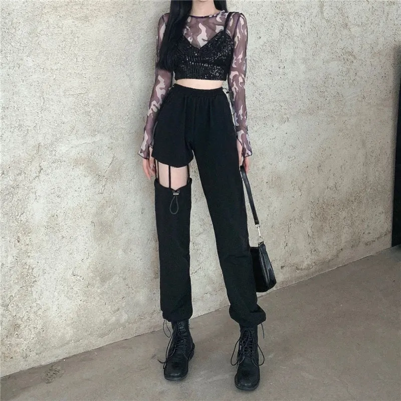 "Black Irregular Hollow Casual" Pants Y040802