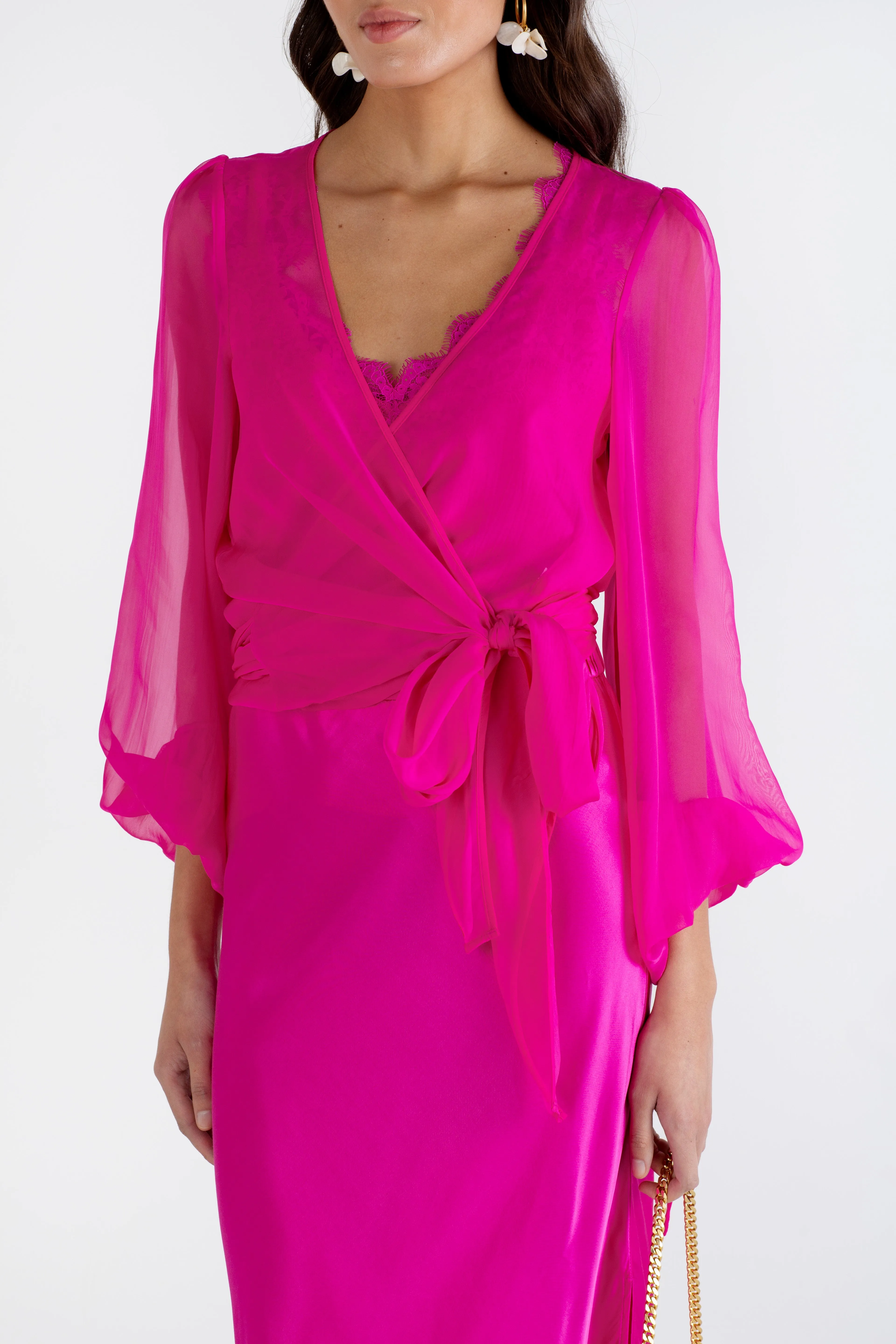 "The Jenny" - Sheer Wrap Blouse (Hot Pink)