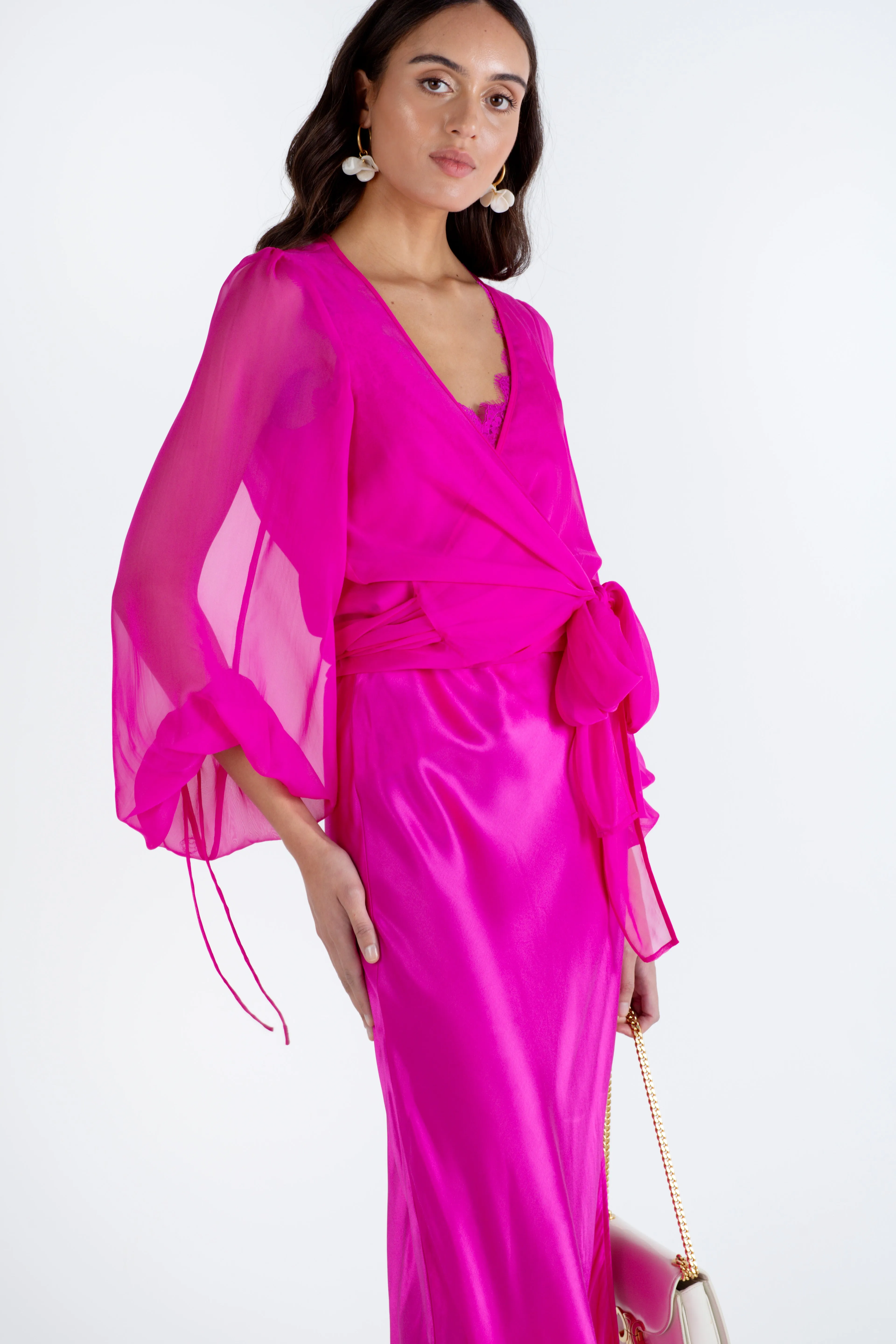 "The Jenny" - Sheer Wrap Blouse (Hot Pink)