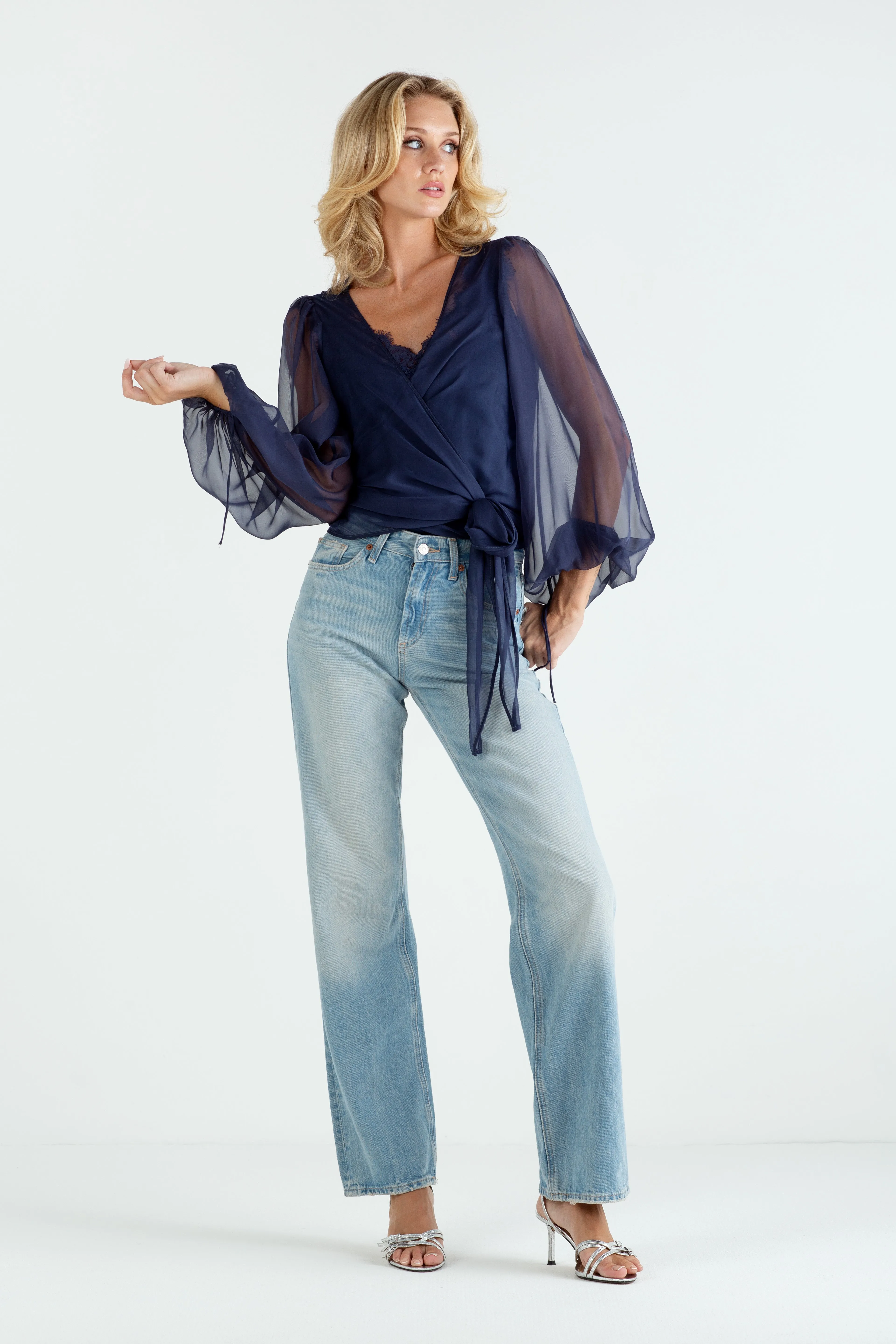 "The Jenny" - Sheer Wrap Blouse (Navy)