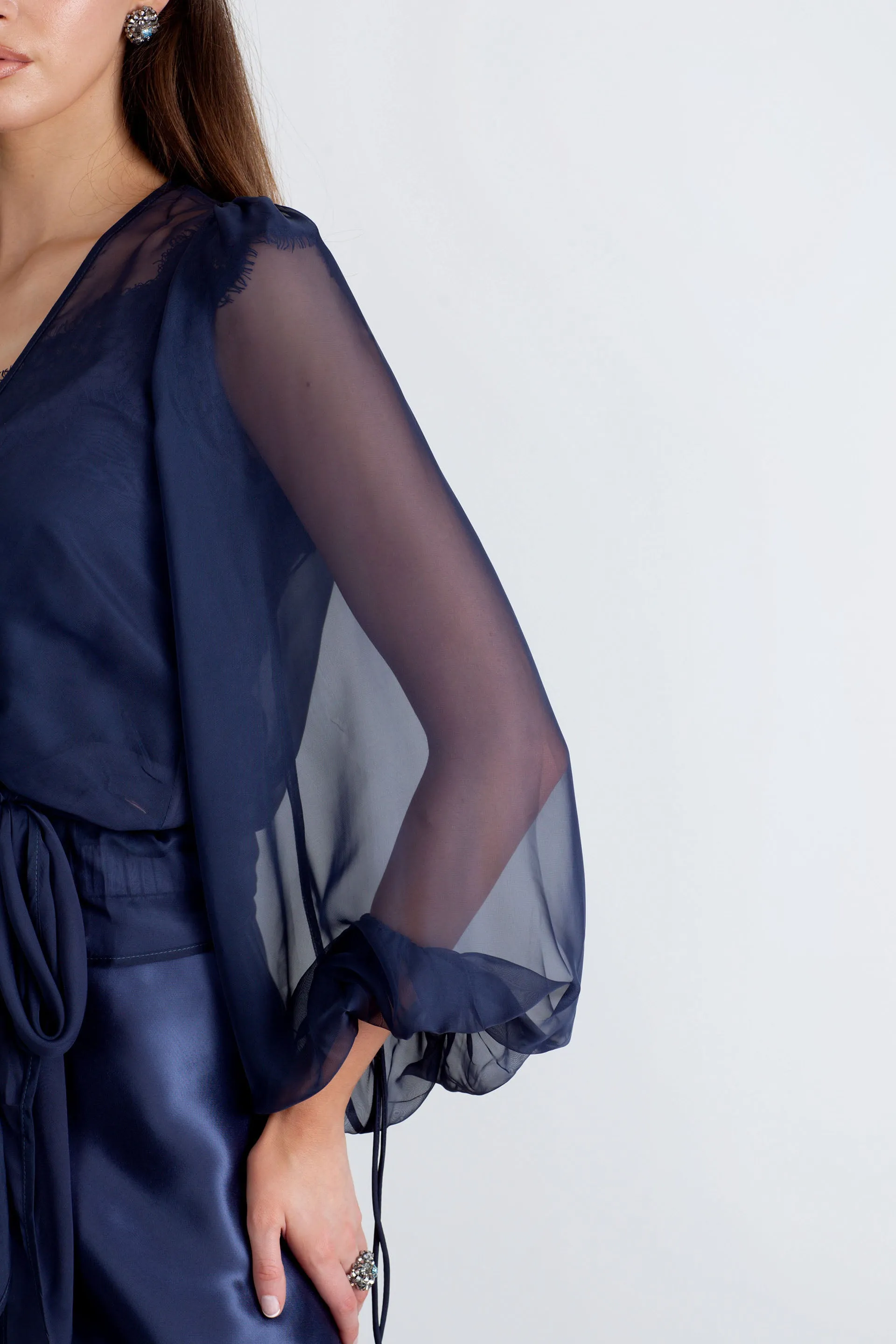 "The Jenny" - Sheer Wrap Blouse (Navy)