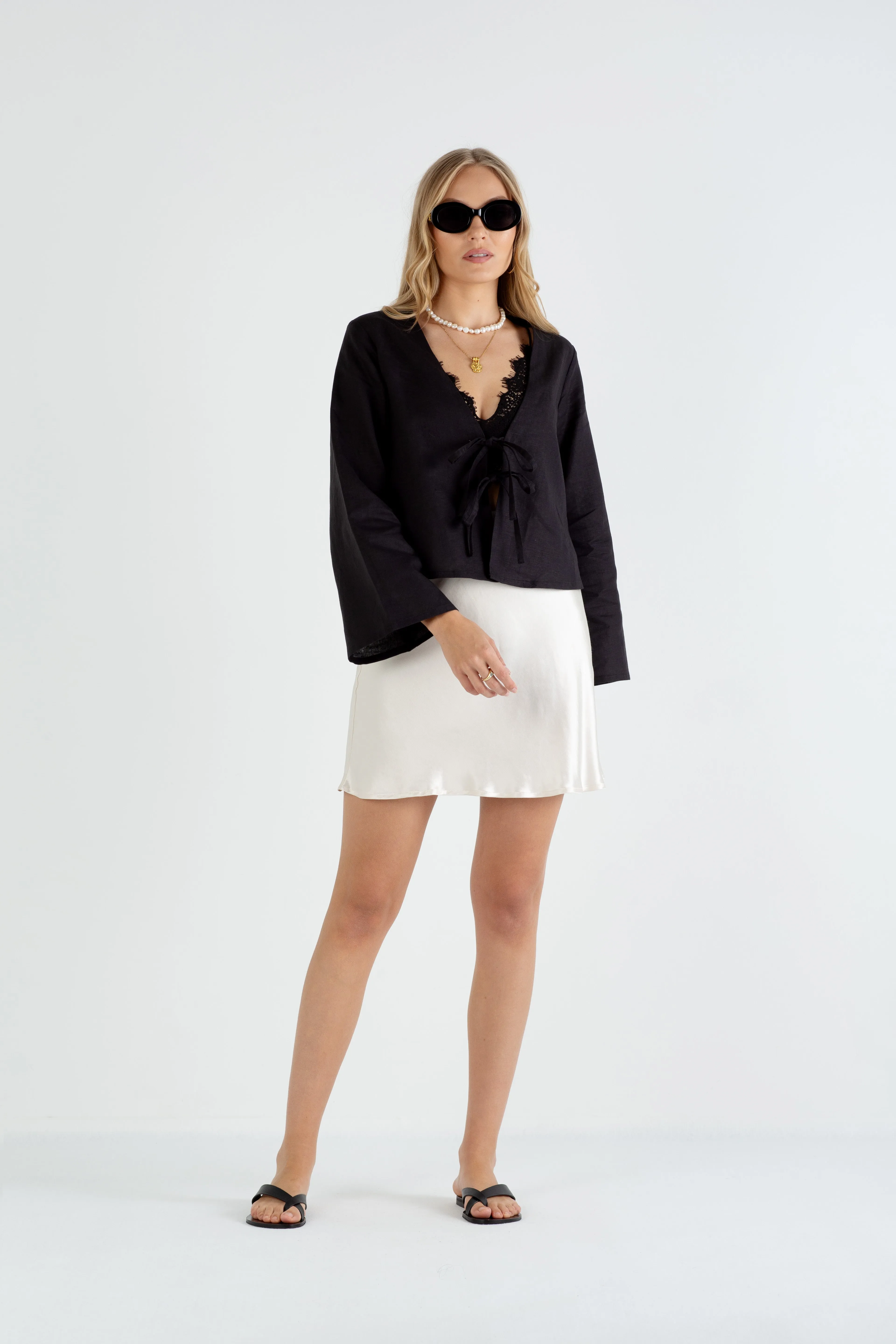 "The Melanie" - Linen Tie Top (Black)