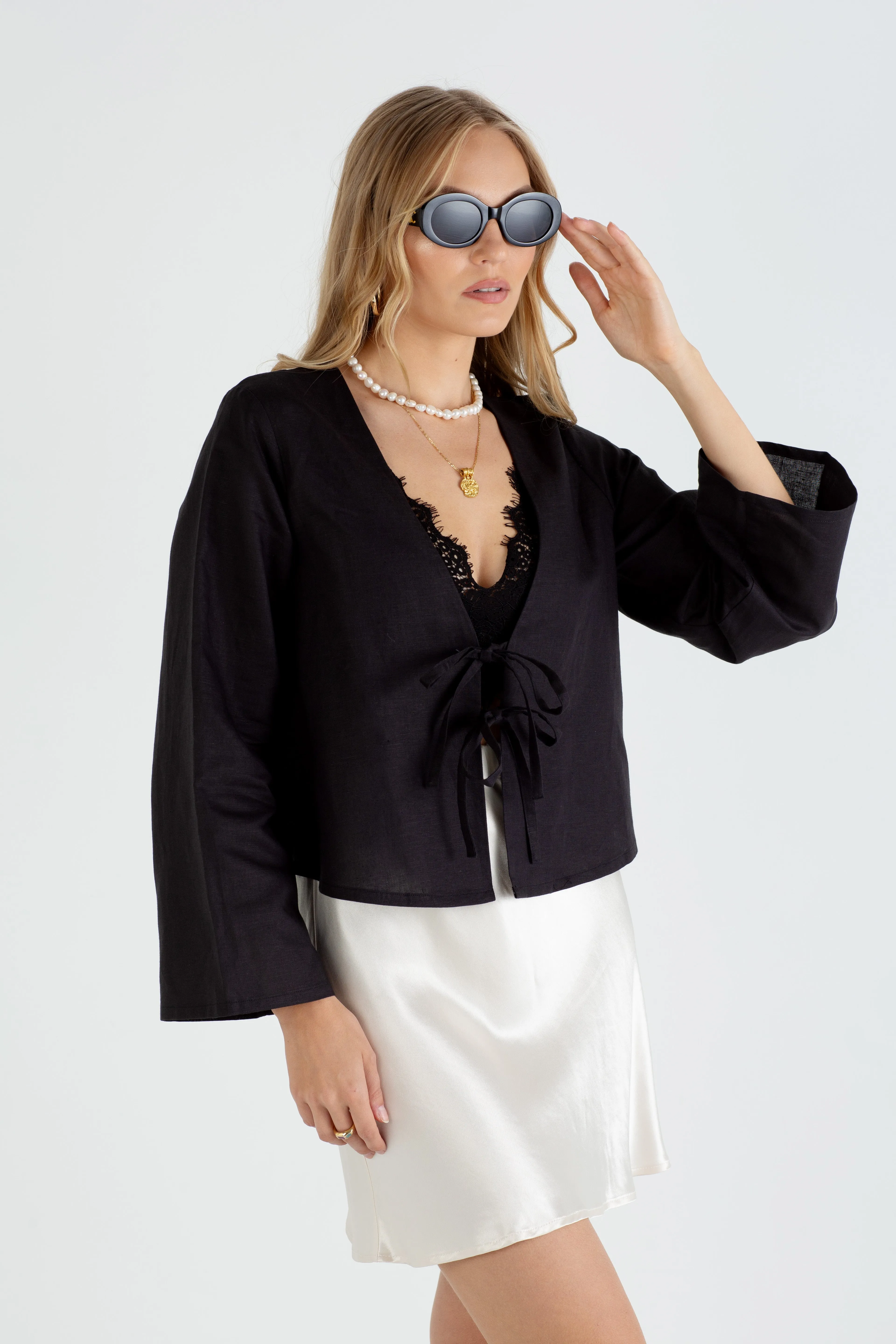 "The Melanie" - Linen Tie Top (Black)