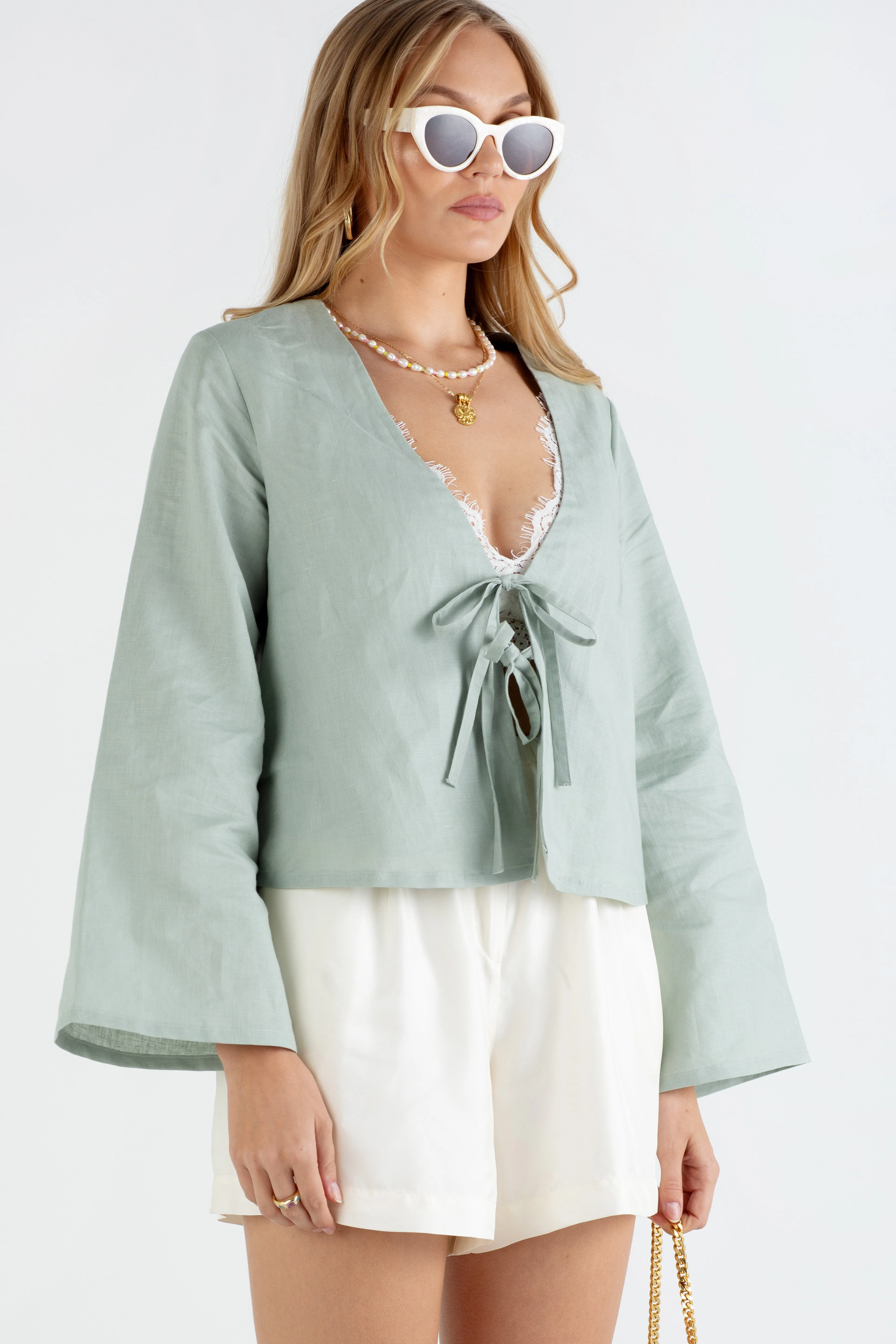 "The Melanie" - Linen Tie Top (Pistachio)