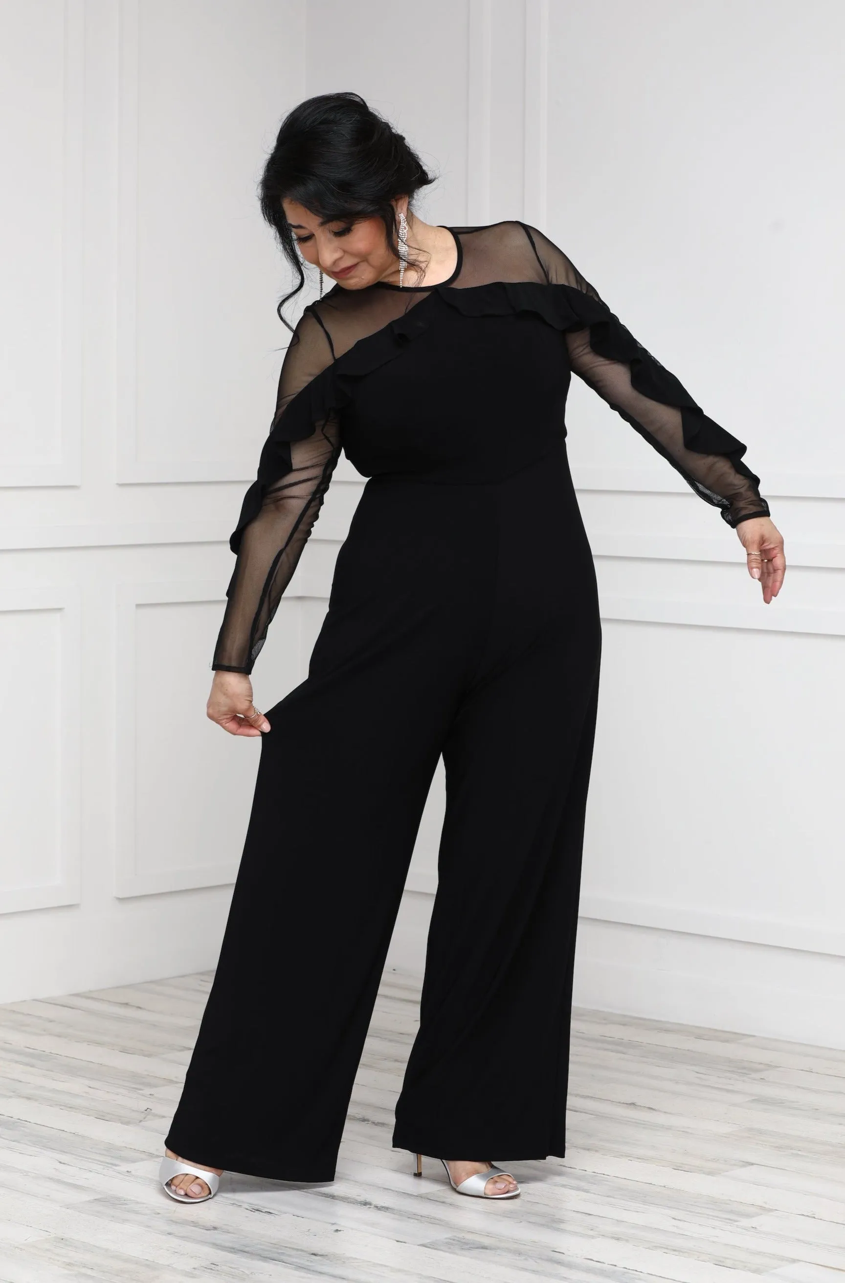 R&M Richards Women's Ruffled Illusion Sleeve Party Jumpsuit