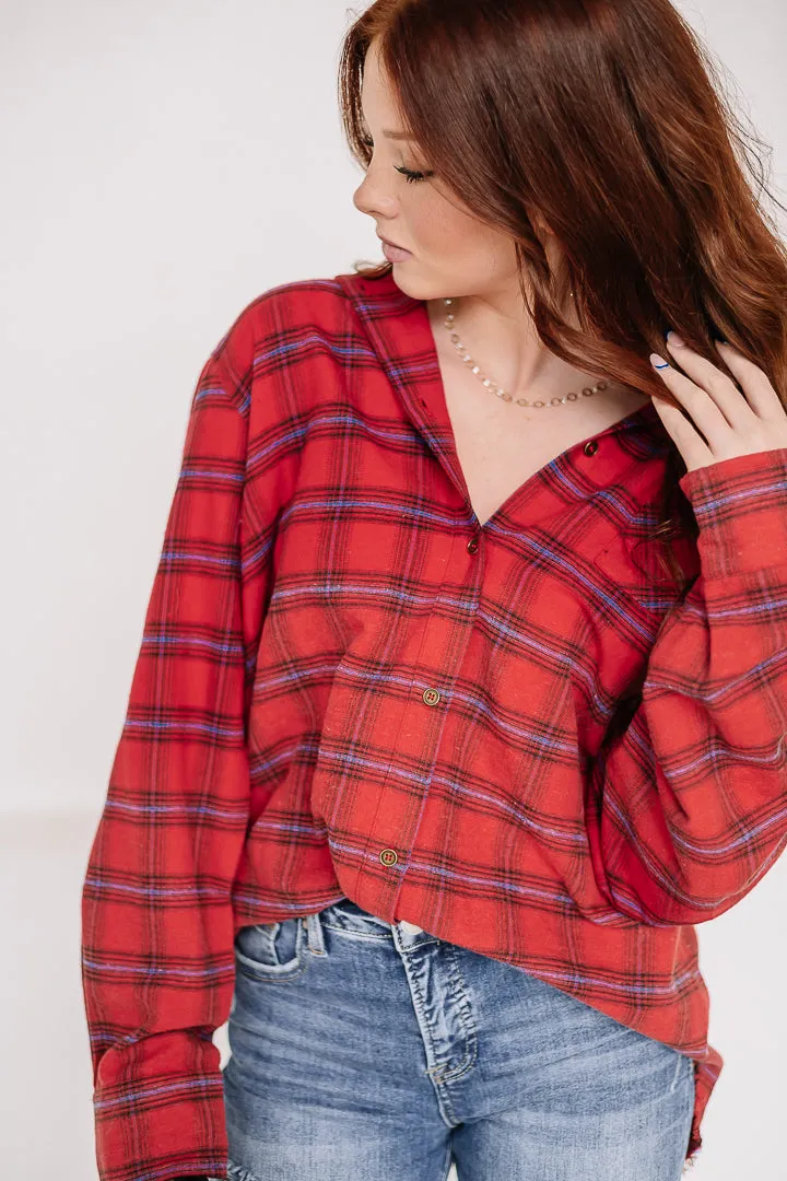 Raw Edge Button Down Plaid Top | Red