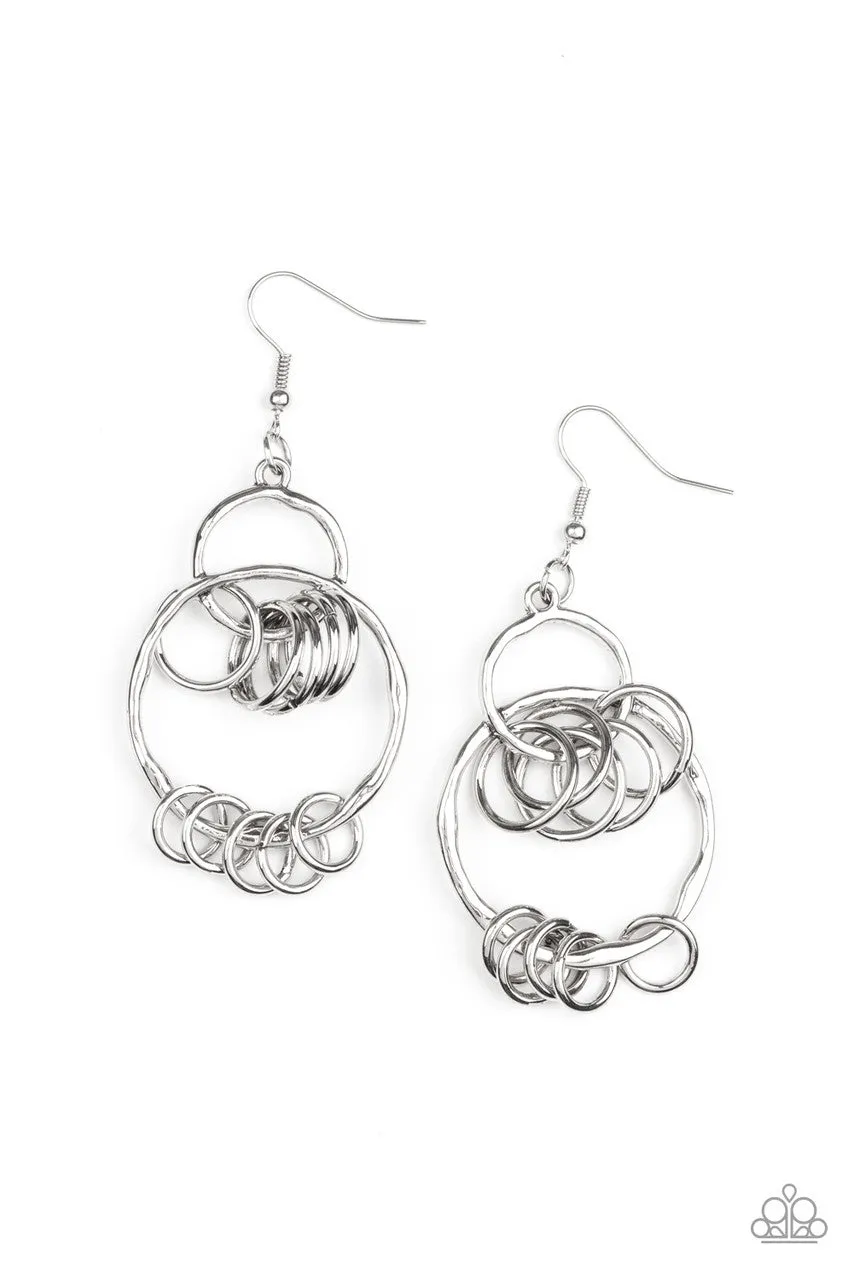 Rebel Ringer - Silver - Interconnecting Hoops Paparazzi Fishhook Earrings
