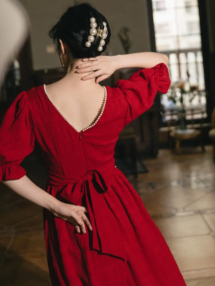 Red Beaded Elegant Retro Dress