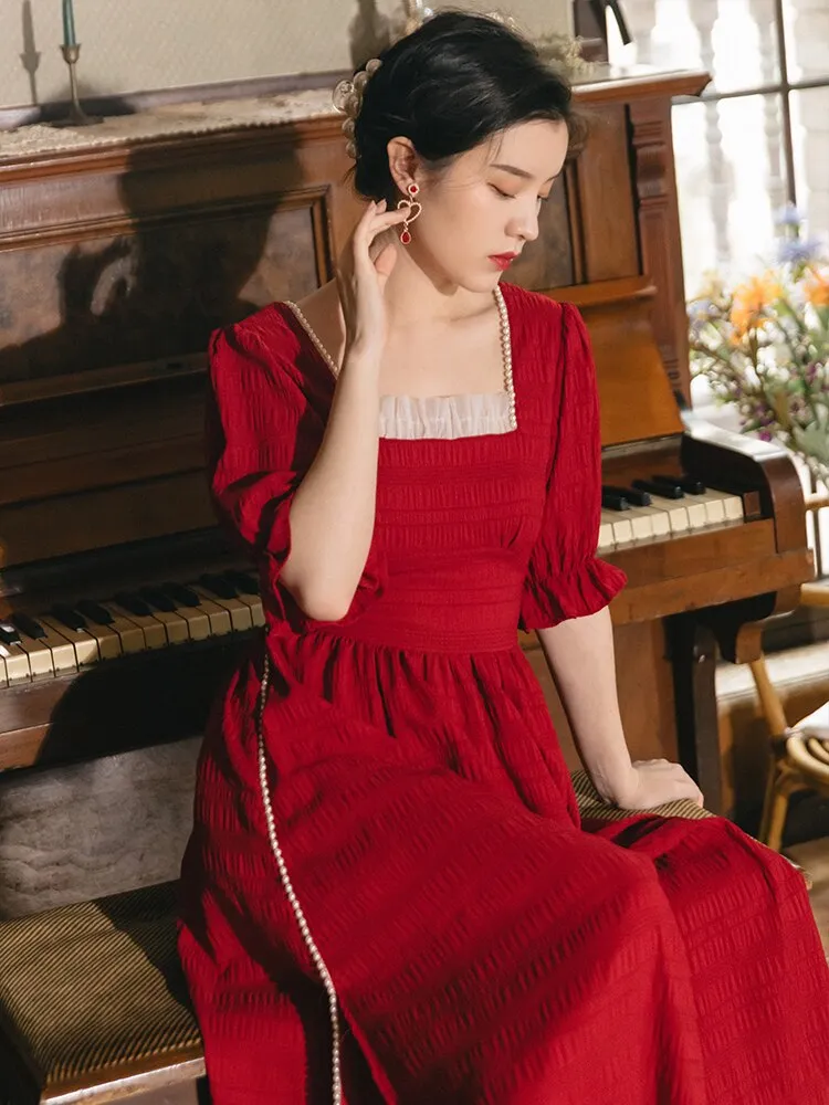 Red Beaded Elegant Retro Dress