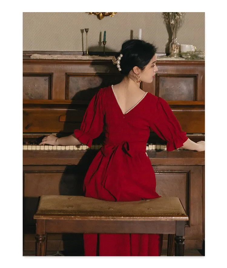 Red Beaded Elegant Retro Dress
