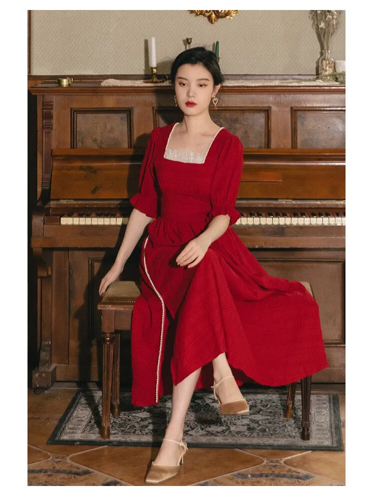 Red Beaded Elegant Retro Dress