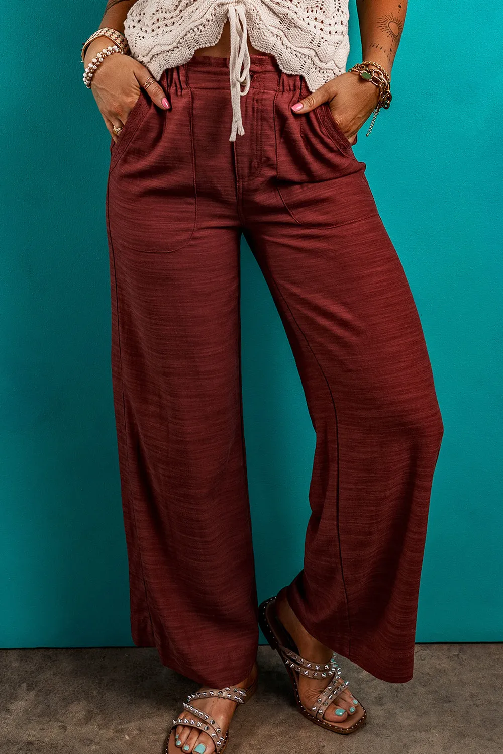 Red Dahlia Elastic Waist Pocketed Casual Straight Leg Pants