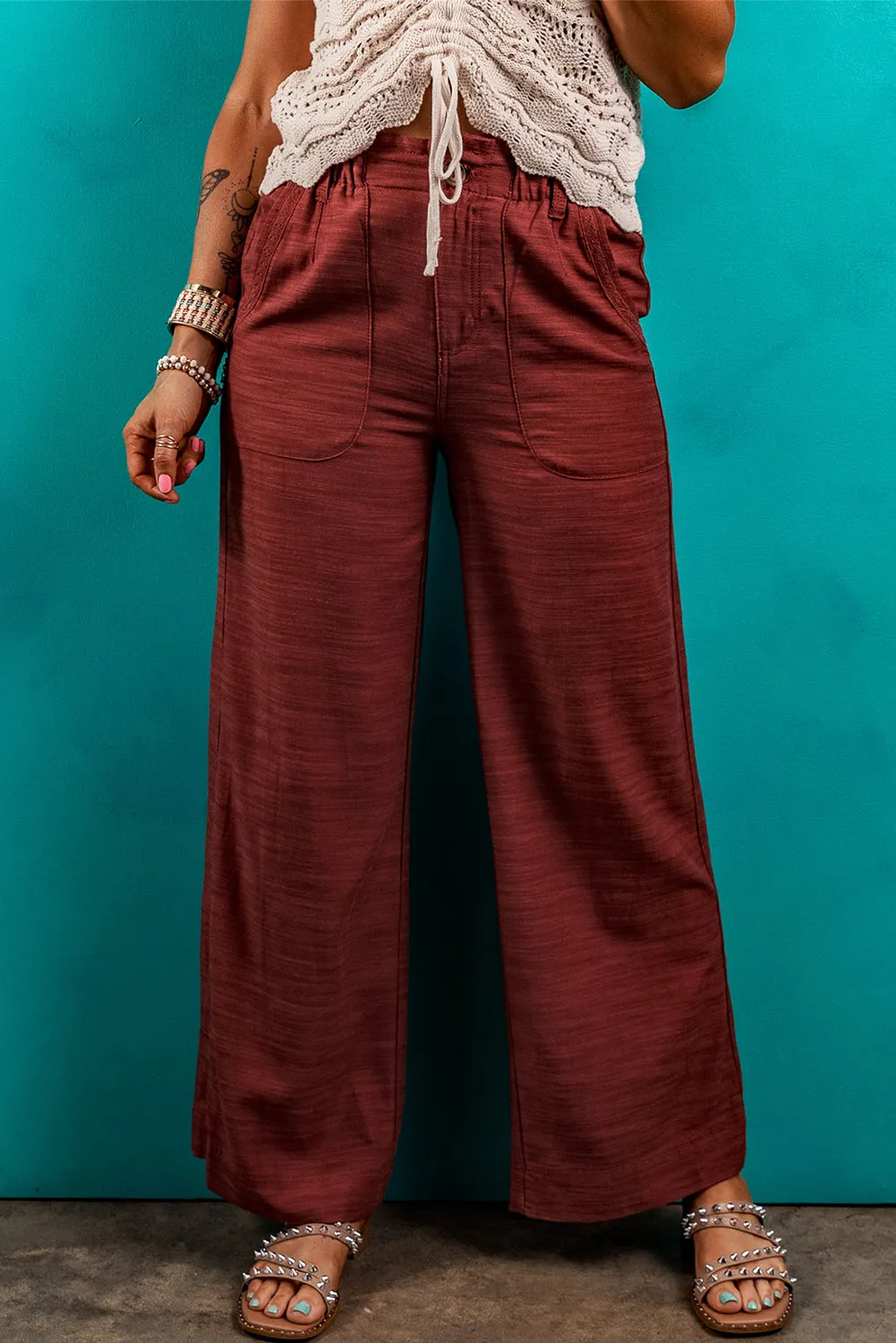 Red Dahlia Elastic Waist Pocketed Casual Straight Leg Pants