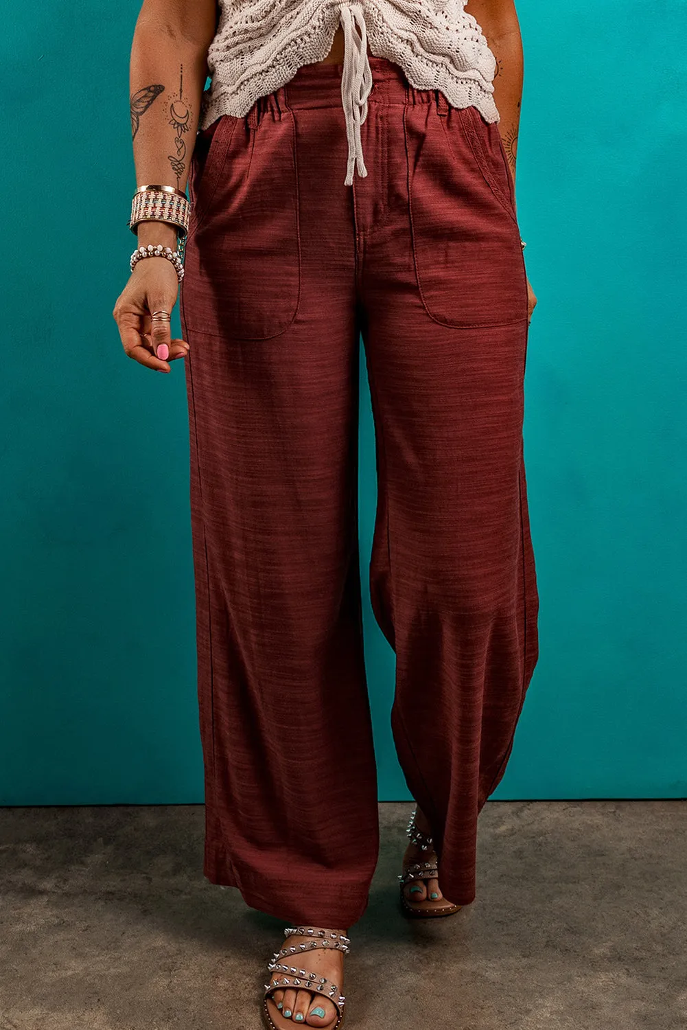 Red Dahlia Elastic Waist Pocketed Casual Straight Leg Pants