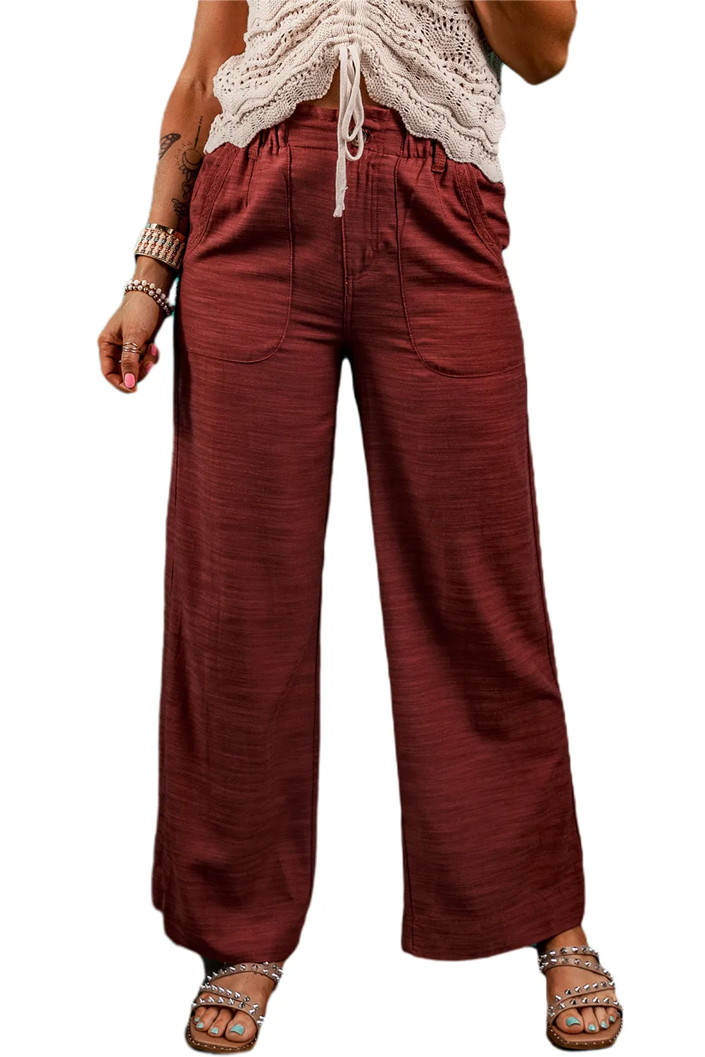 Red Dahlia Elastic Waist Pocketed Casual Straight Leg Pants