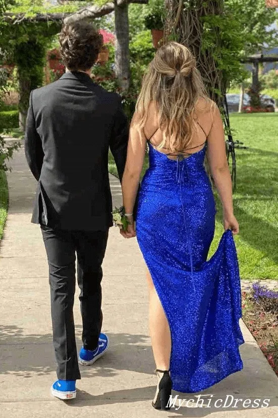 Red Long Sequin Prom Dress V Neck Mermaid Evening Dresses UK Sleeveless
