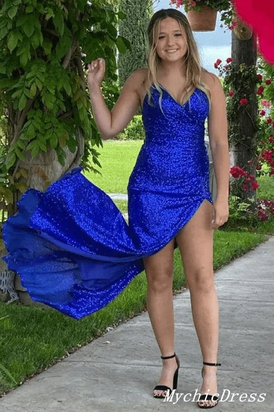 Red Long Sequin Prom Dress V Neck Mermaid Evening Dresses UK Sleeveless