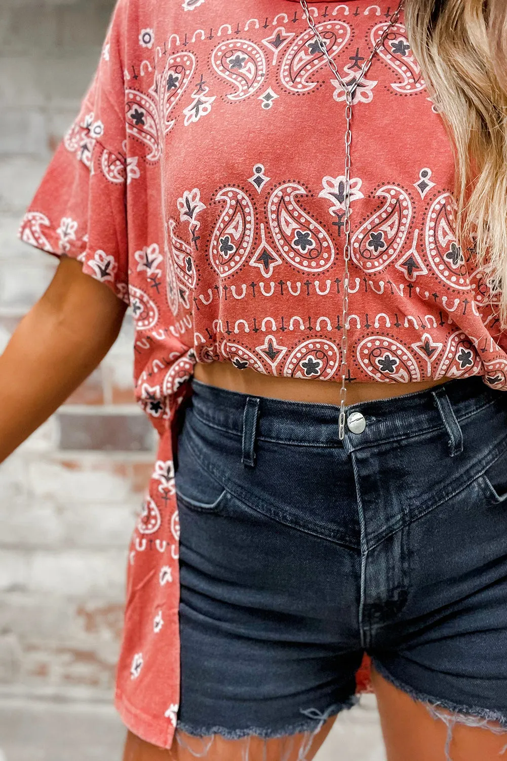 Red Paisley Print Crewneck Split T Shirt