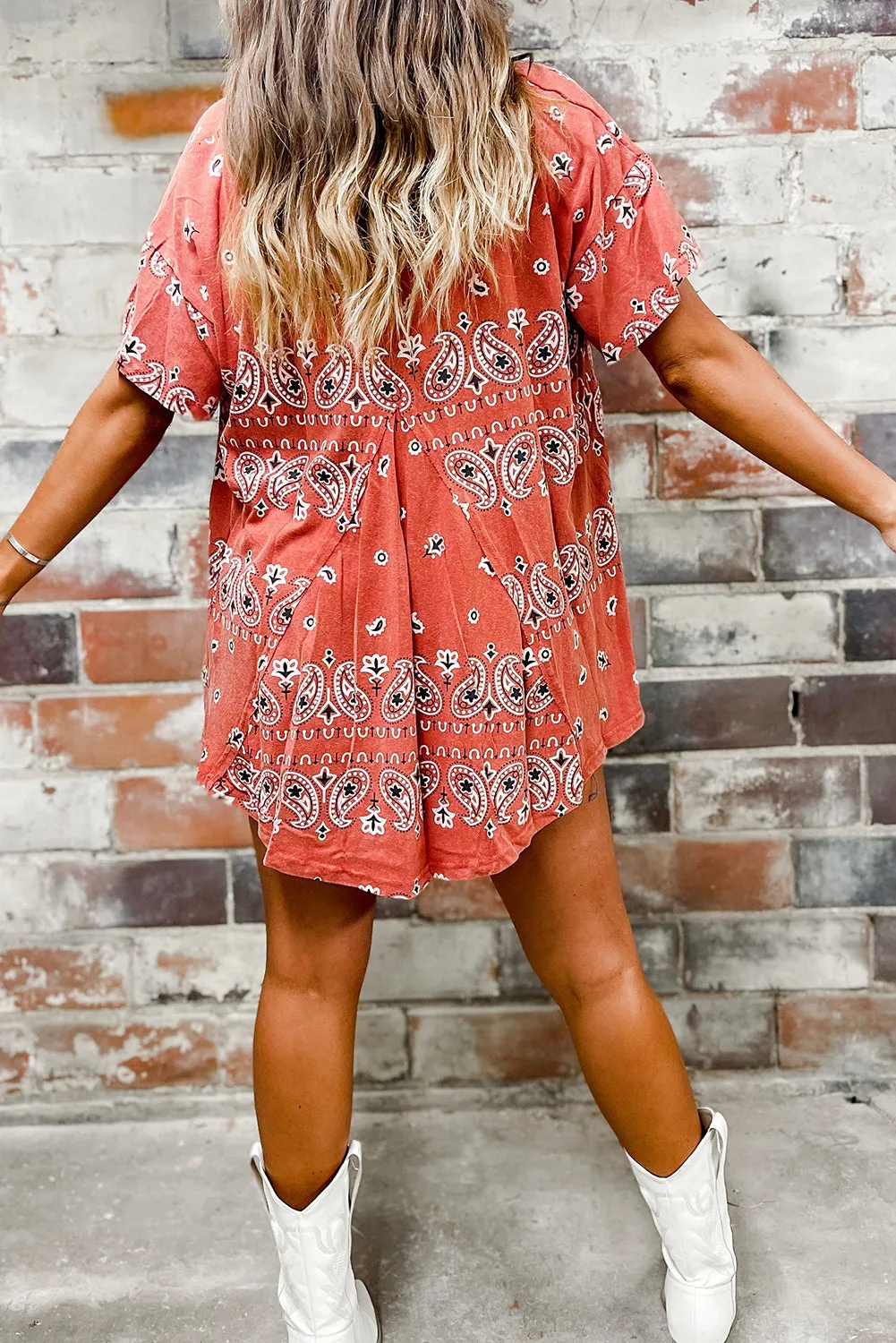 Red Paisley Print Crewneck Split T Shirt