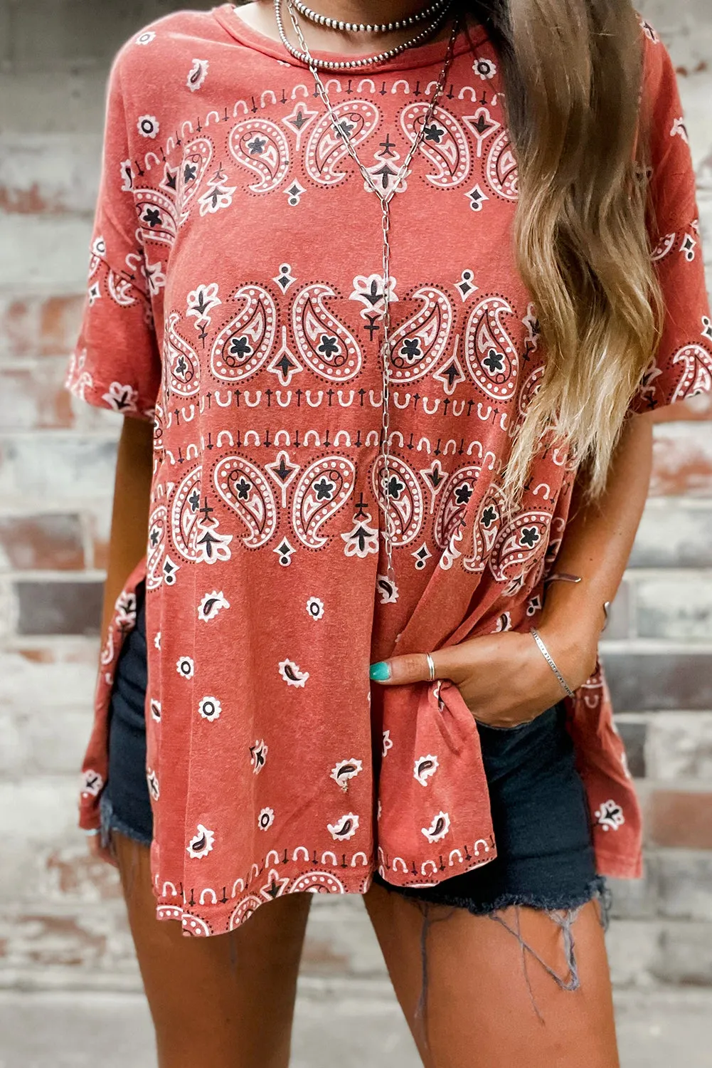 Red Paisley Print Crewneck Split T Shirt
