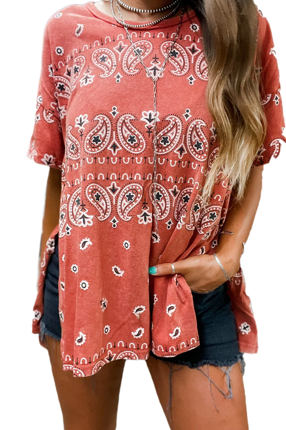 Red Paisley Print Crewneck Split T Shirt