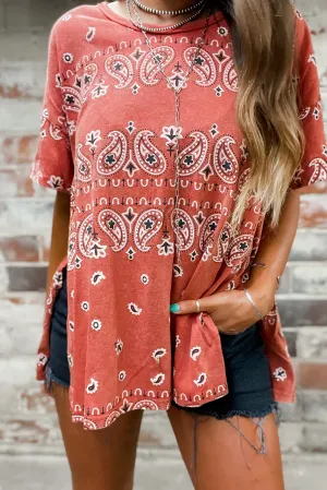 Red Paisley Print Crewneck Split T Shirt