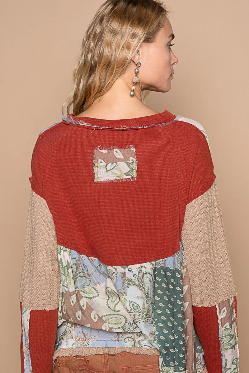 Red Patchwork V-Neck Full Sleeve Top