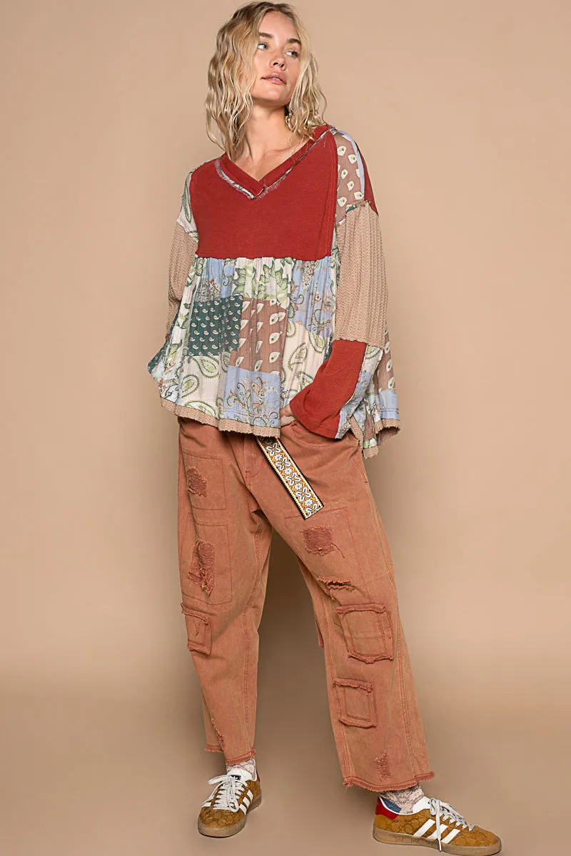 Red Patchwork V-Neck Full Sleeve Top