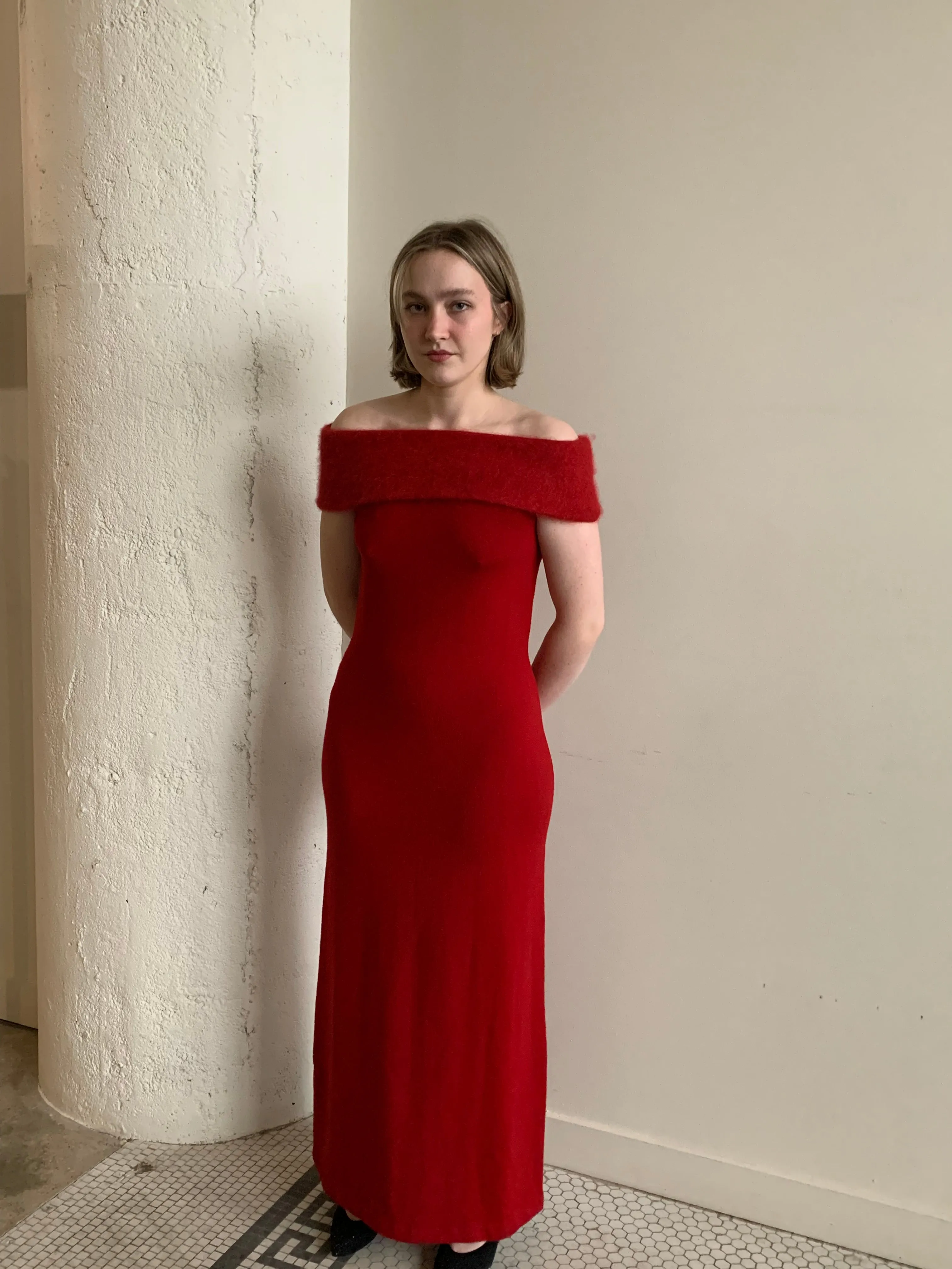 Red wool evening dress