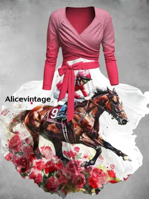 Retro Derby Day Print V-Neck Elegant Chic Mid-Length Two-Piece Long-Sleeved Dress