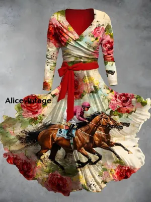 Retro Derby Day Print V-Neck Elegant Chic Midi Two-Piece Long Sleeve Dress