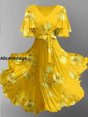 Retro Floral Art Print V-Neck Chic Short Sleeve Midi Dress