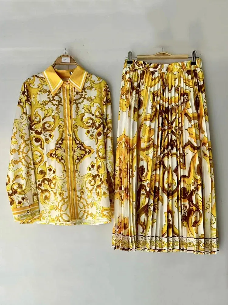 Retro Geometric Print Lapel Shirt two-piece set