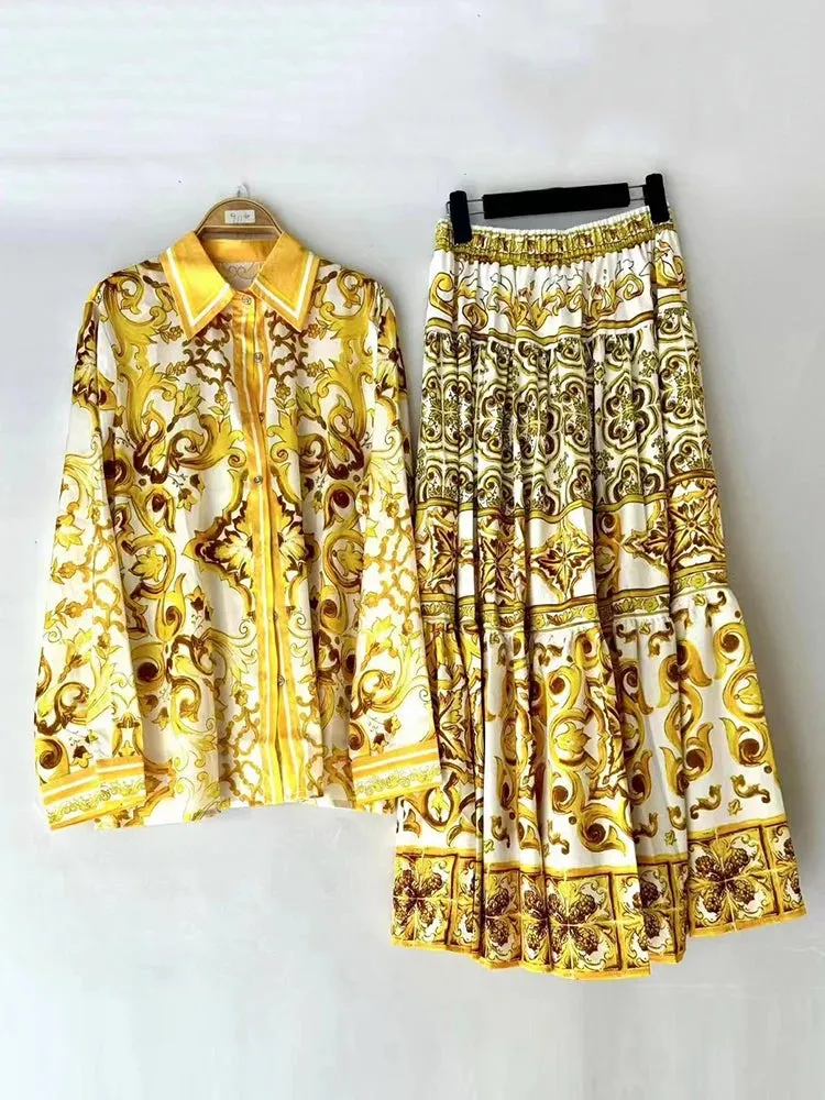 Retro Geometric Print Lapel Shirt two-piece set