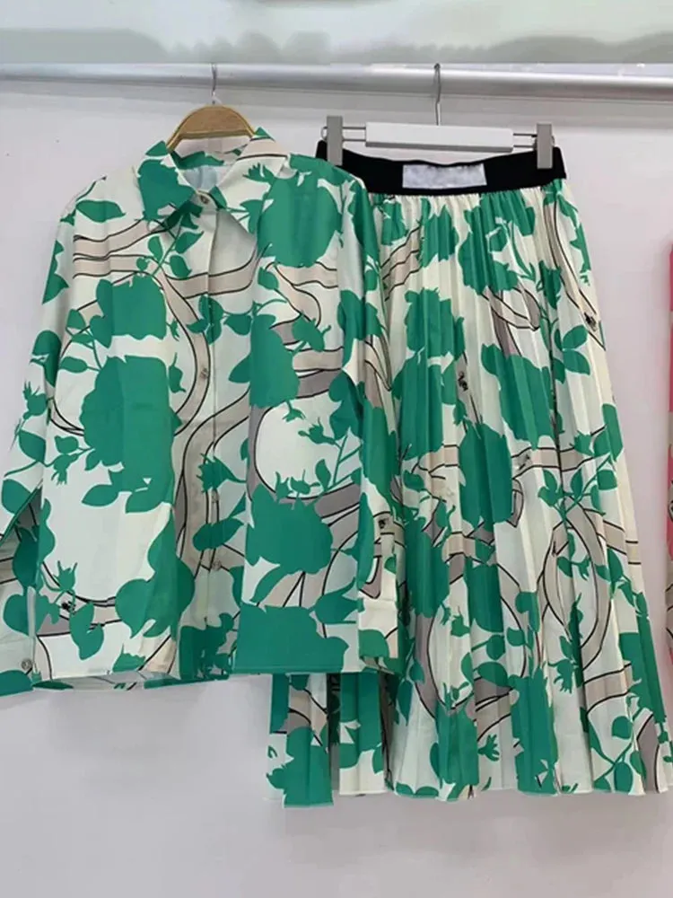 Retro Geometric Print Lapel Shirt two-piece set