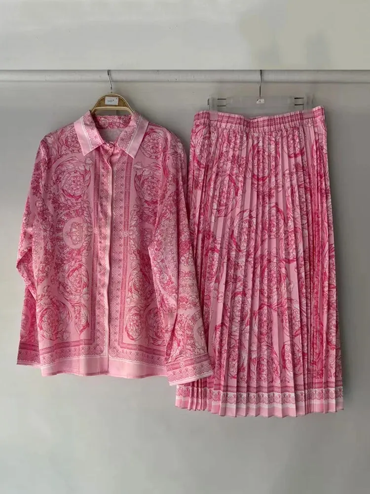 Retro Geometric Print Lapel Shirt two-piece set