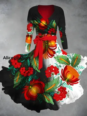 Retro Mexican Floral Print V-Neck Elegant Chic Midi Two-Piece Long Sleeve Dress