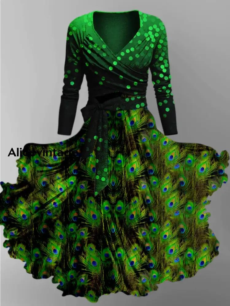 Retro Peacock Feathers Art Printed Vintage Unique Slim Fit Cross Wrap Long Sleeve Two-Piece Midi Dress