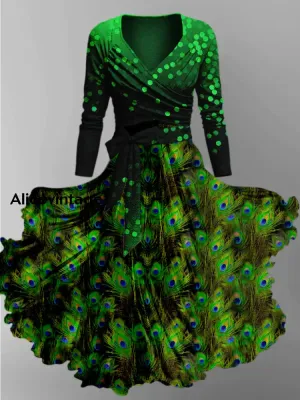 Retro Peacock Feathers Art Printed Vintage Unique Slim Fit Cross Wrap Long Sleeve Two-Piece Midi Dress