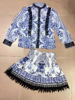 Retro Printed Single-Breasted Shirt Jacket & High Pocket Skirt 2 Pcs