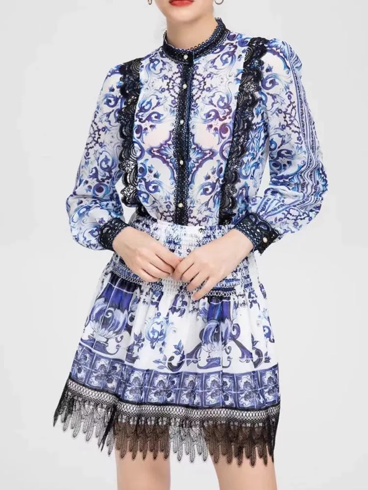 Retro Printed Single-Breasted Shirt Jacket & High Pocket Skirt 2 Pcs