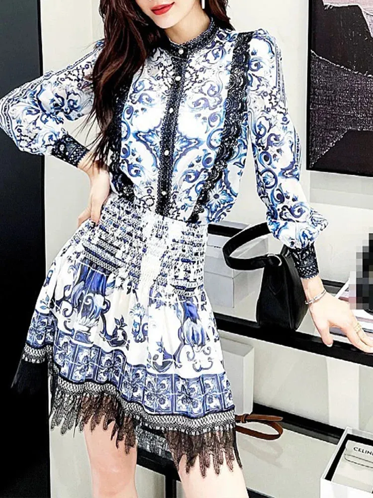 Retro Printed Single-Breasted Shirt Jacket & High Pocket Skirt 2 Pcs